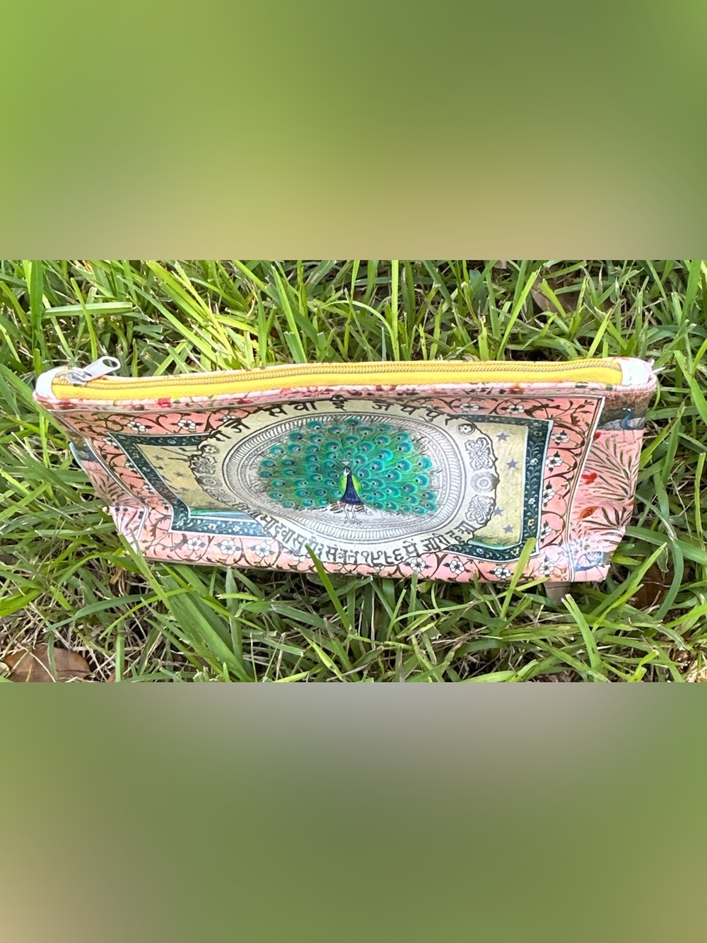 Papaya Pink and Green Peacock Zip Cosmetic Pouch - Picture 2 of 8